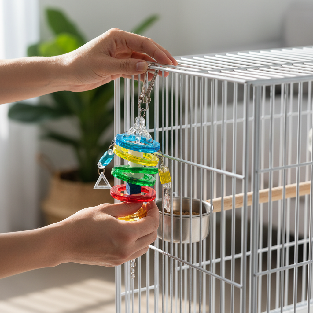 Hand placing a colorful acrylic bird toy in a cage with safe spacing and perches