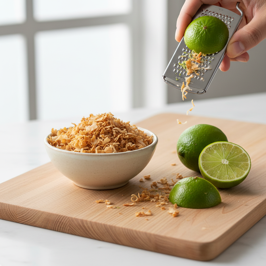 Toasted coconut flakes and lime zest used to finish coconut recipes