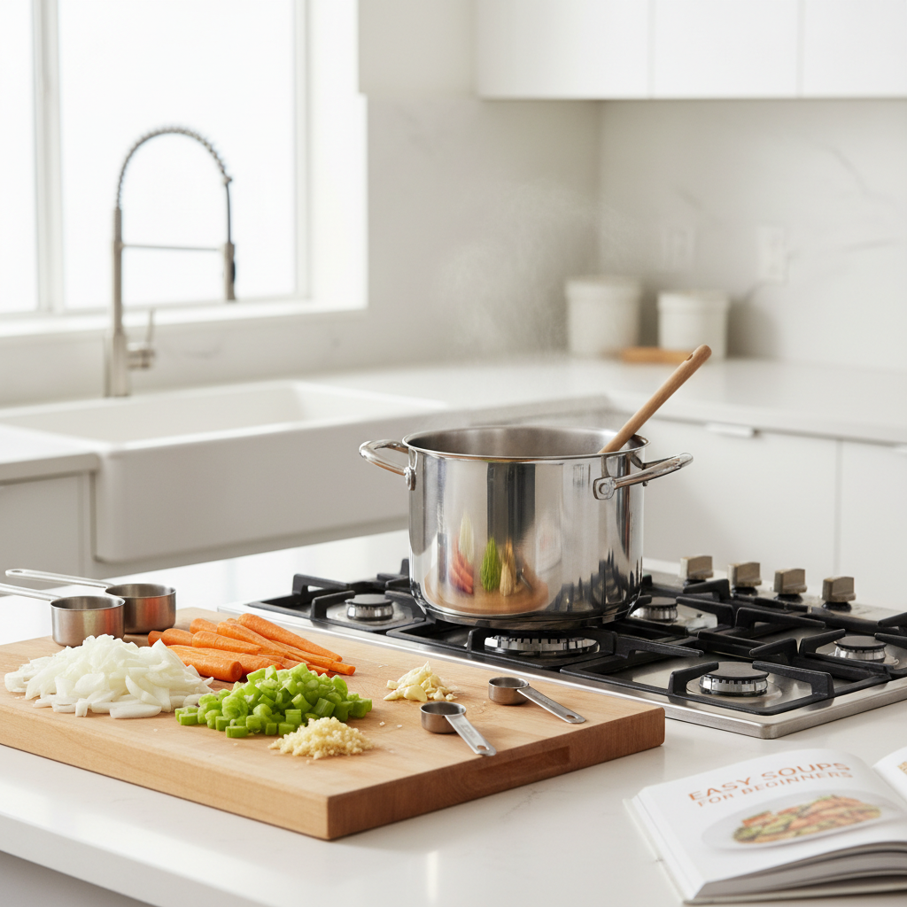 Beginner-friendly homemade soup setup with pot, cutting board, and simple ingredients