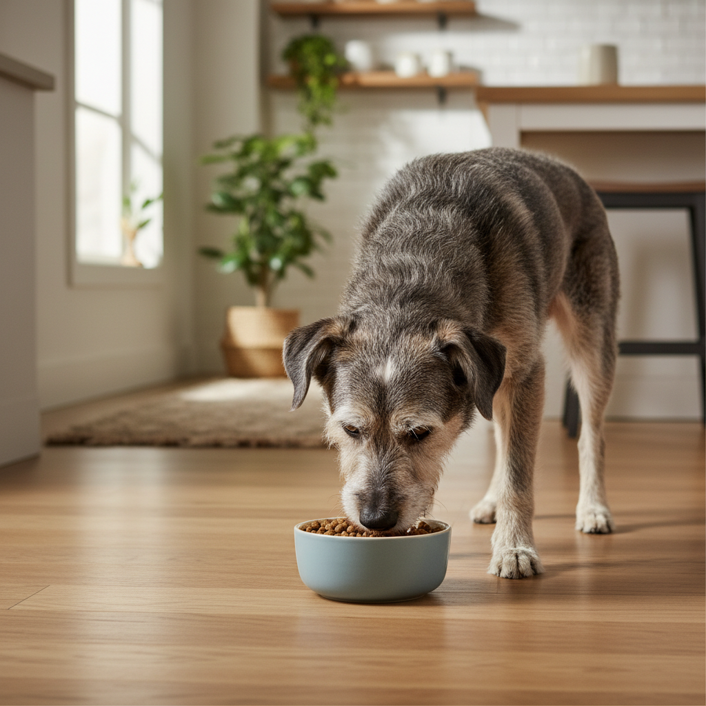 Senior dog eating soft kibble comfortably at home