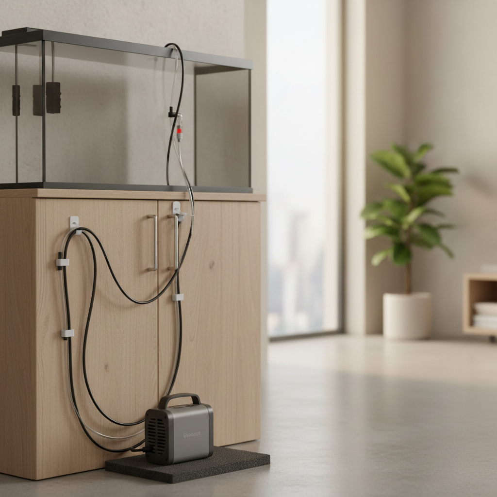 Aquarium airline tubing routing behind a tank stand showing kink-free gentle bends