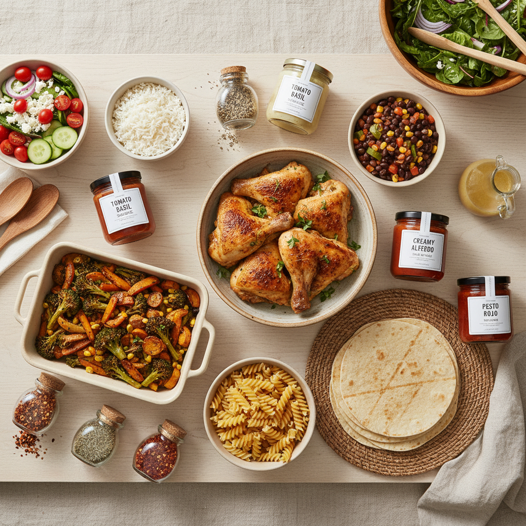 Mix and match weeknight dinner components laid out on a table
