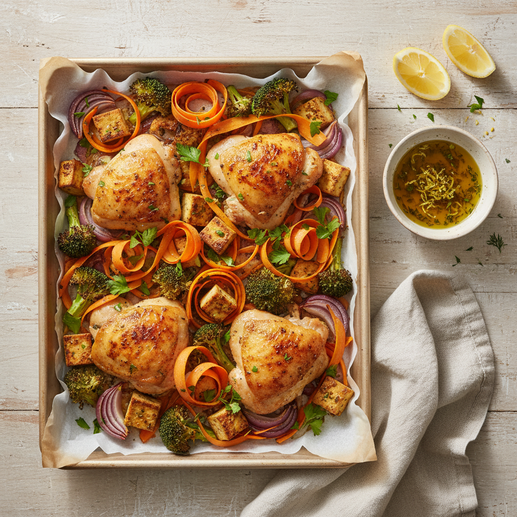 Easy dairy-free dinner on a sheet pan with roasted vegetables and lemon-herb sauce