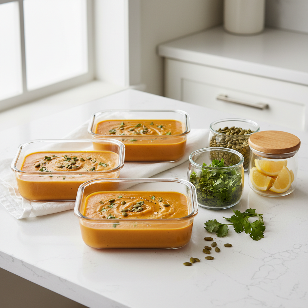 Meal prep containers filled with carrot ginger soup and toppings