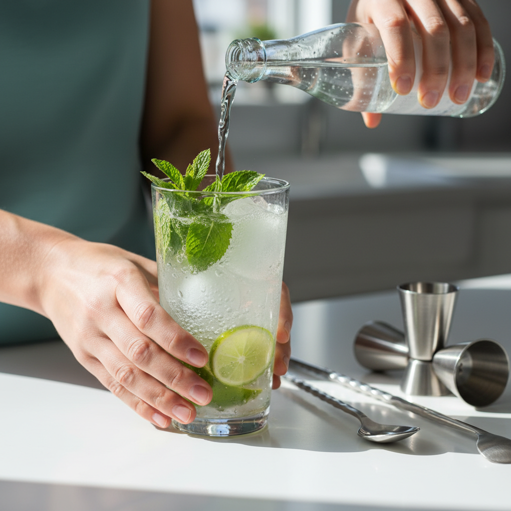 Making a summer mocktail with lime, mint, and sparkling water in a glass