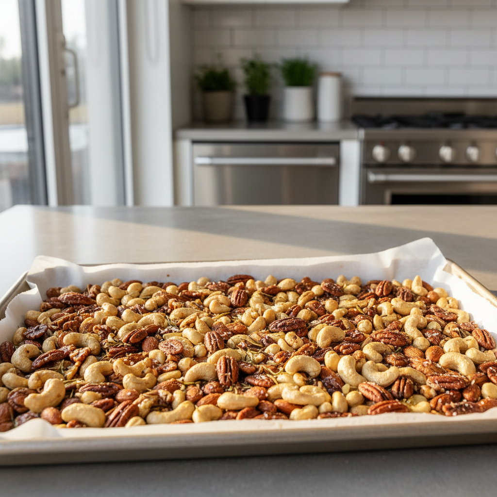 Roasted mixed nuts on a baking sheet for crunchy snack recipes