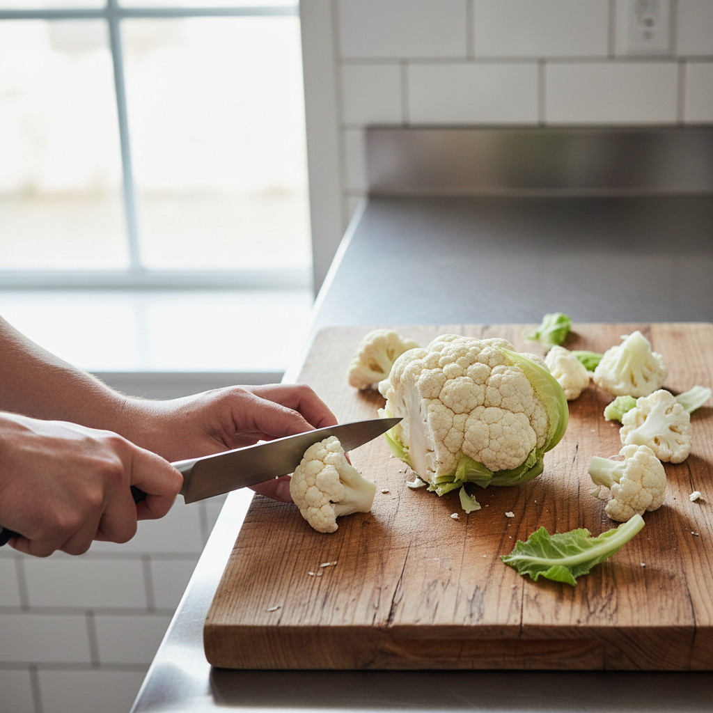 Cutting cauliflower into florets for making cauliflower rice