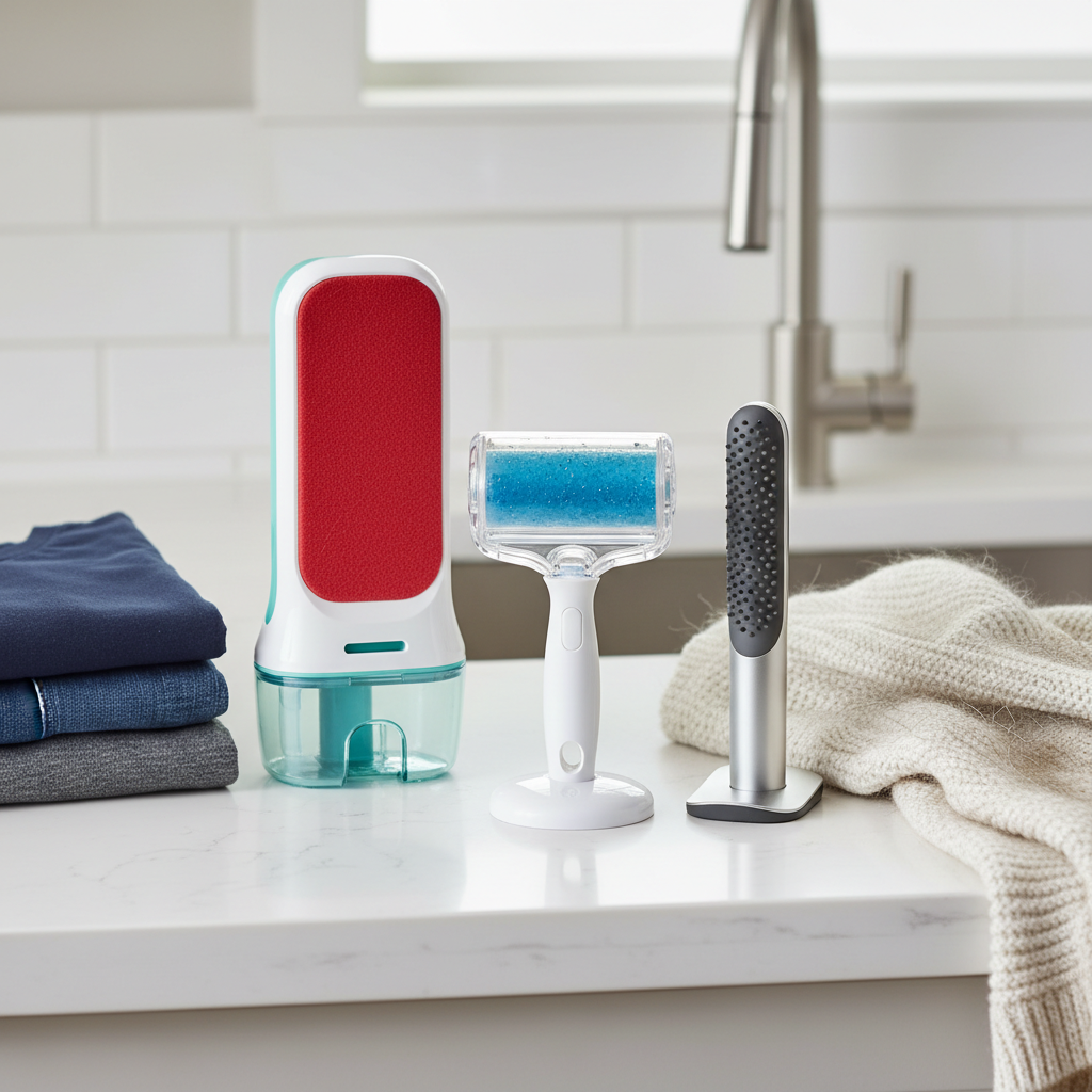 Reusable pet hair roller and self-cleaning lint remover on a laundry room counter