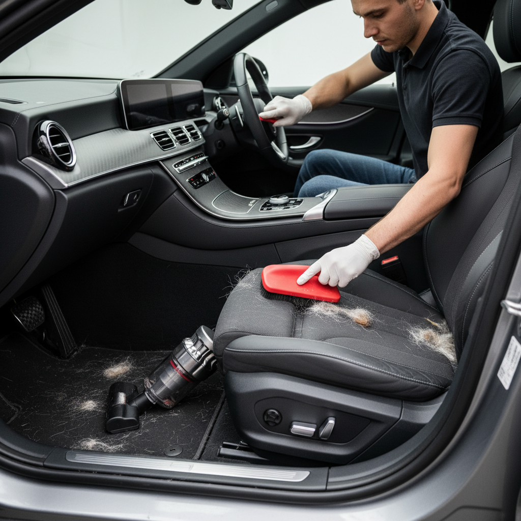 Removing pet hair from car seats and floor mats with a rubber brush and vacuum