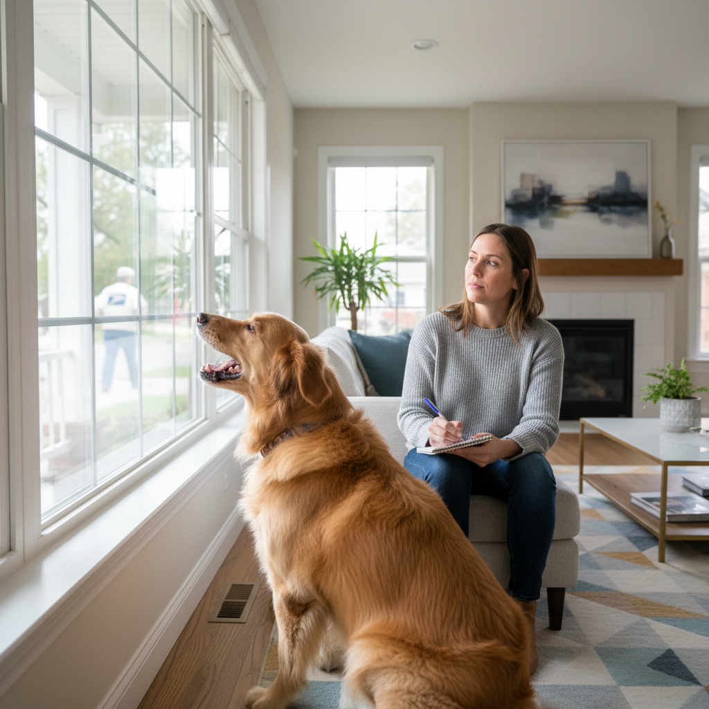 Dog barking at the front window while owner observes triggers