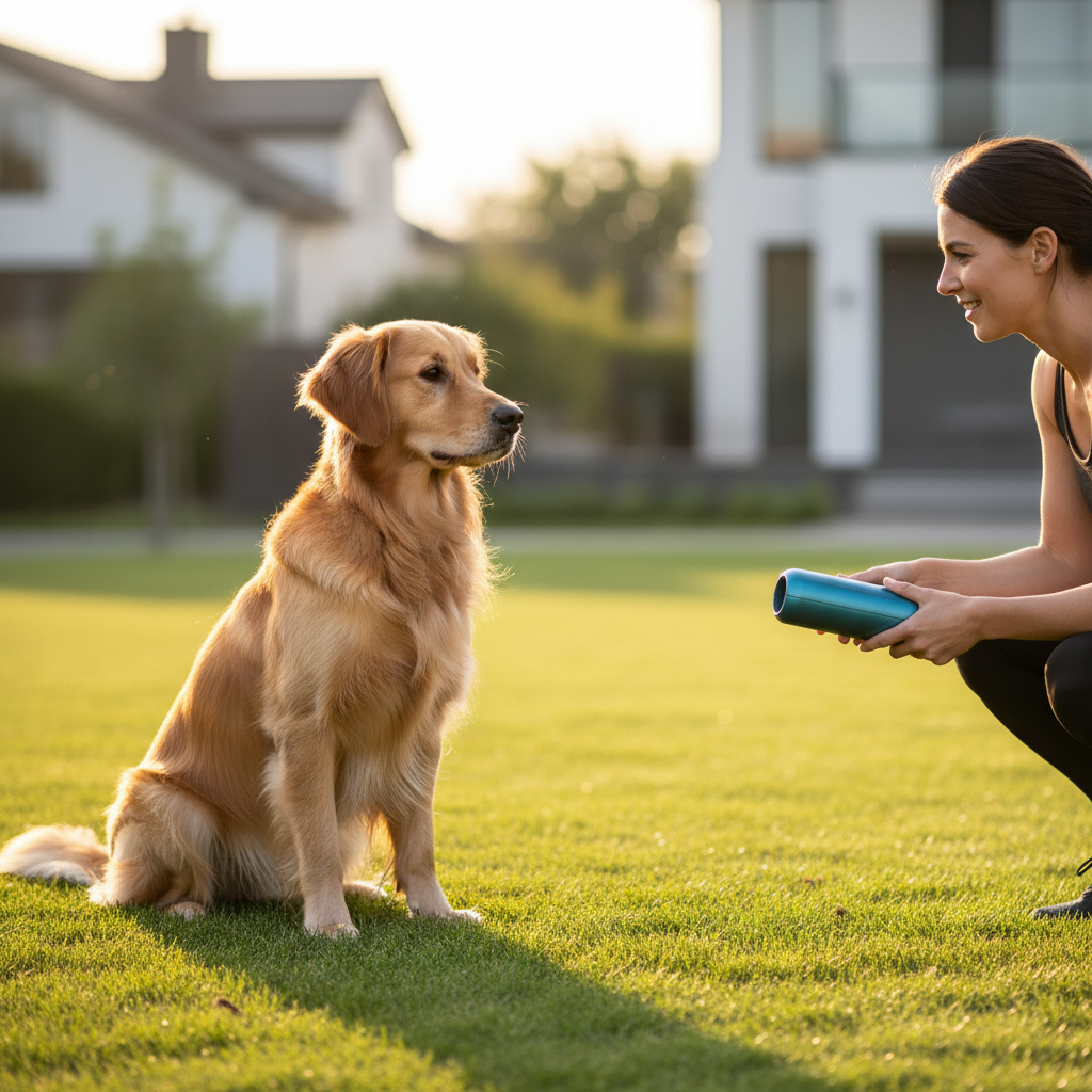 Dog practicing wait cue before fetch with ball launcher