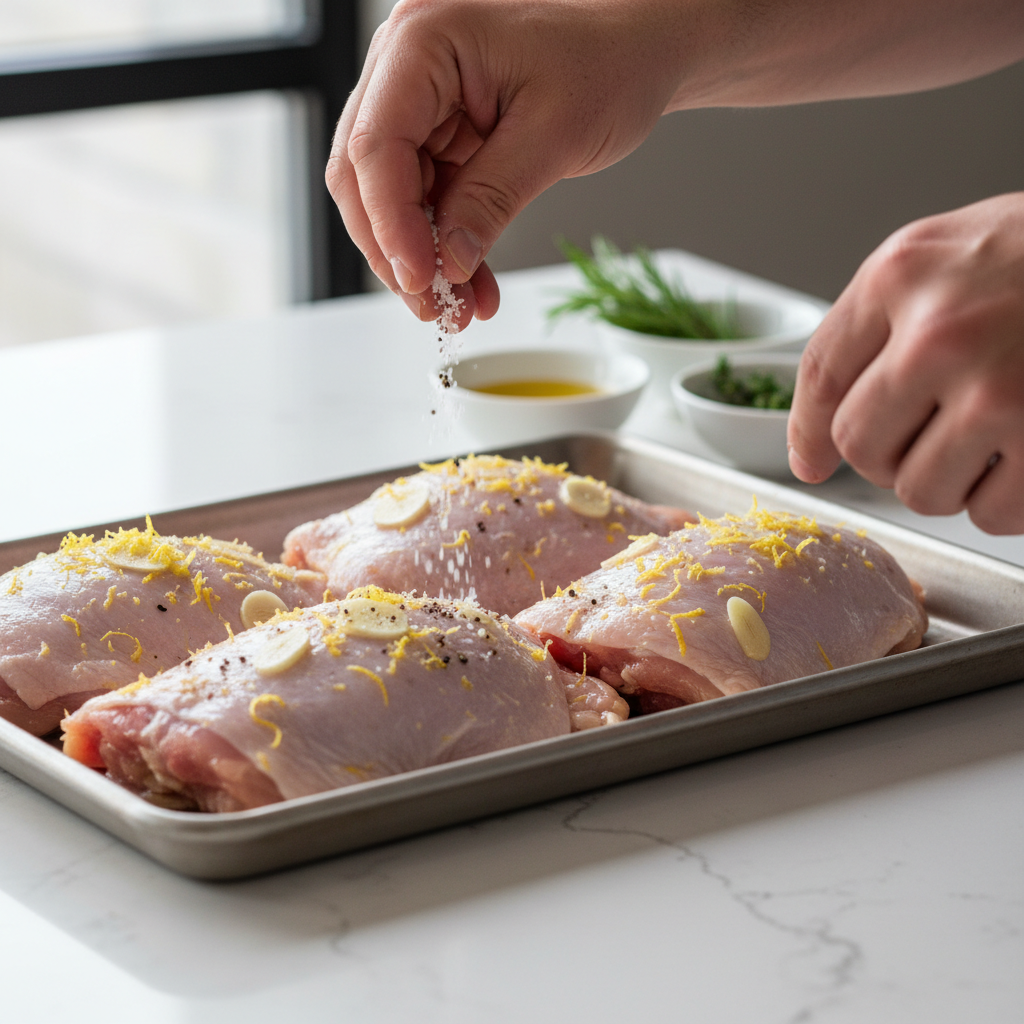 Hands seasoning chicken thighs with salt pepper lemon zest and garlic before baking