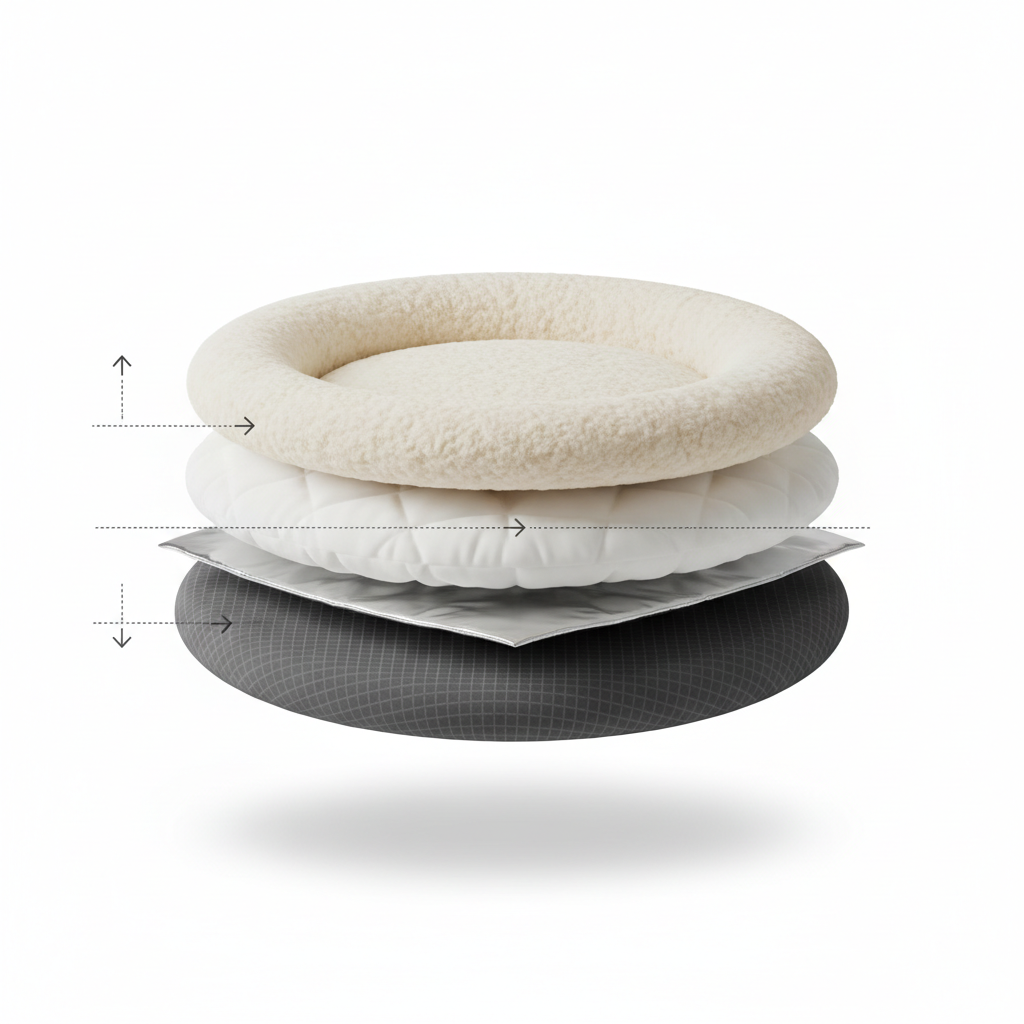 Cross-section view of a self-warming cat bed showing reflective thermal layer and insulation