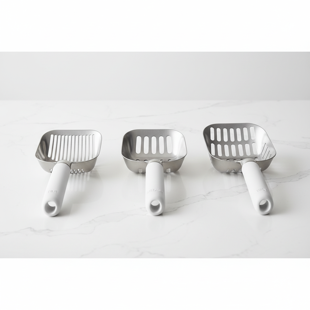 Comparison of different cat litter scoop slot sizes on a countertop
