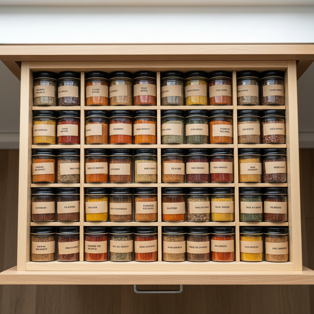 Organized spice drawer with labeled jars for homemade spice mixes