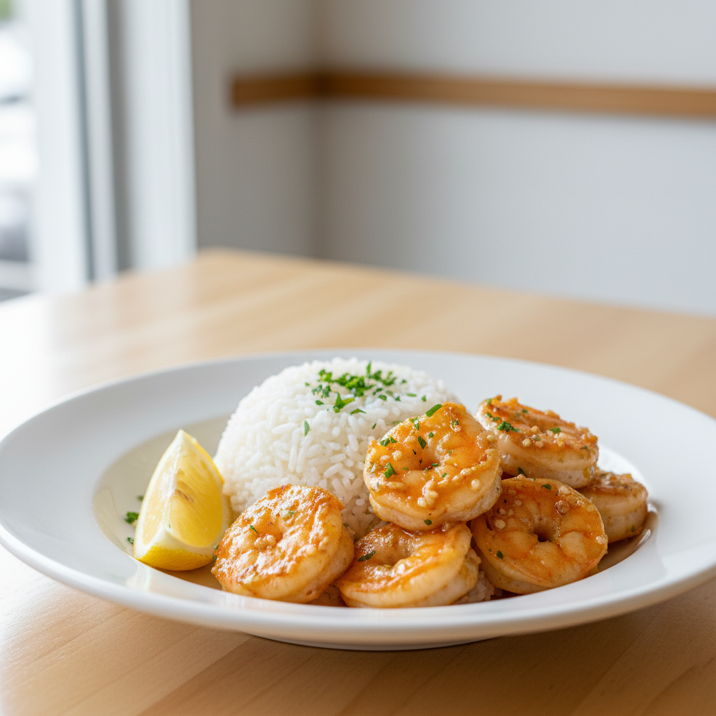 Plated garlic butter shrimp served with rice and lemon, ready for a quick weeknight dinner