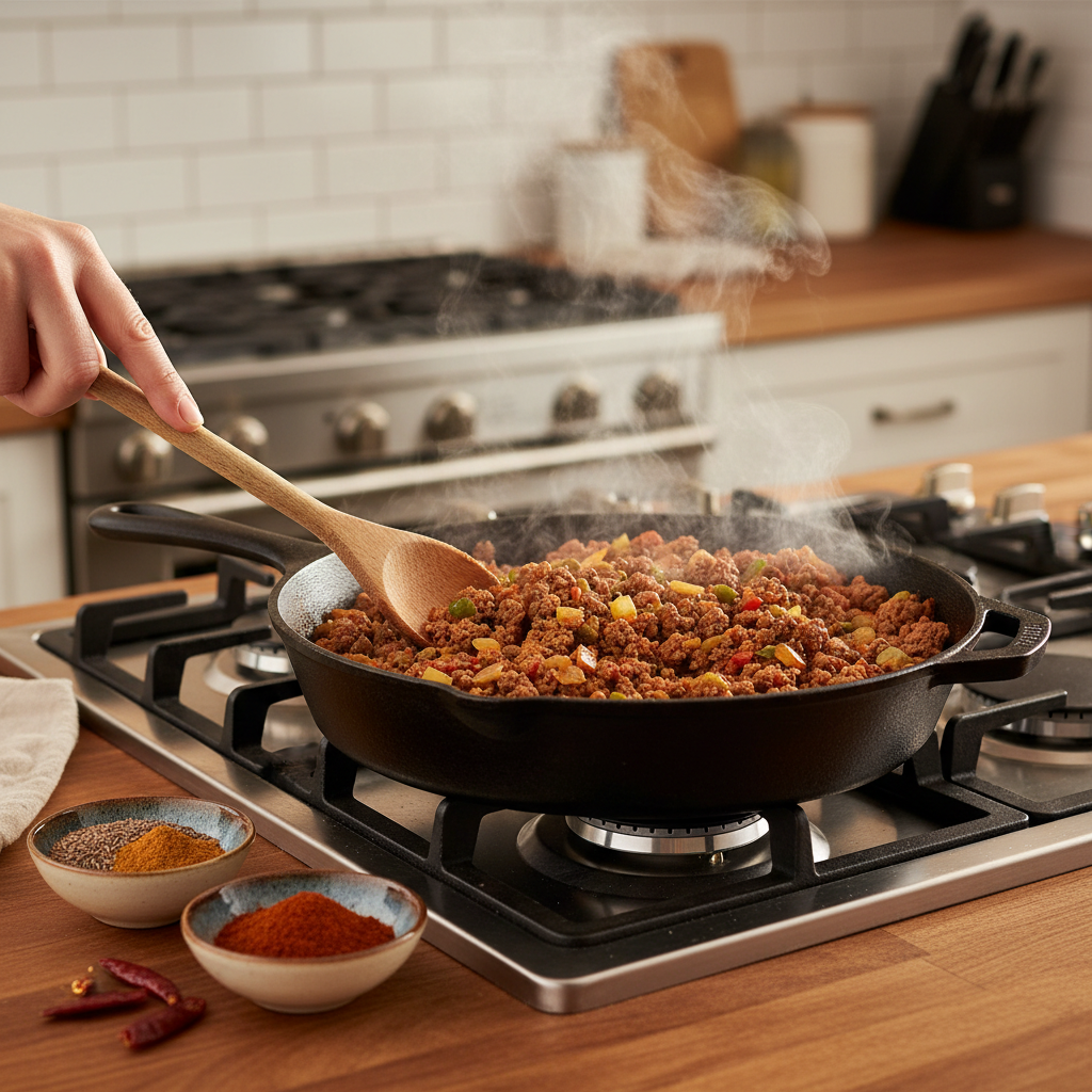 Stovetop skillet with seasoned ground beef taco filling simmering
