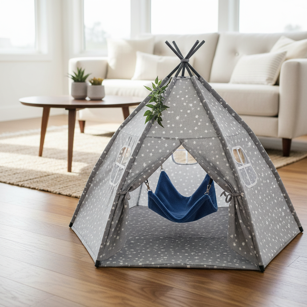 Sugar glider play tent setup with a soft hide pouch inside