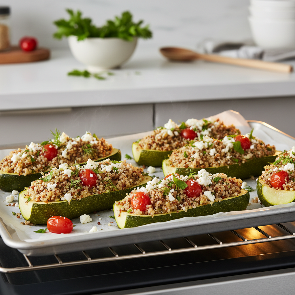 Stuffed zucchini boats baking on a sheet pan