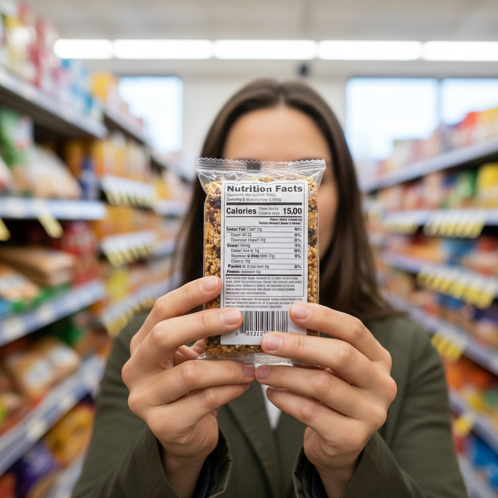Reading nutrition label on packaged keto snack in a grocery store