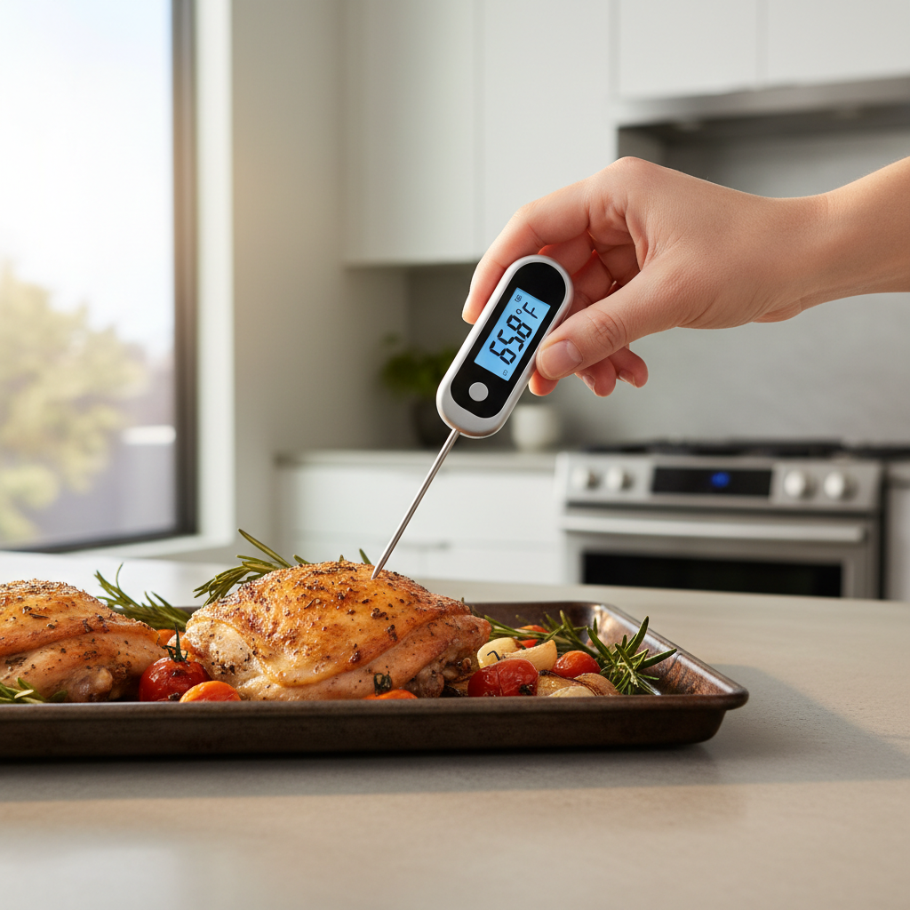 Using an instant-read thermometer to check baked chicken thigh temperature
