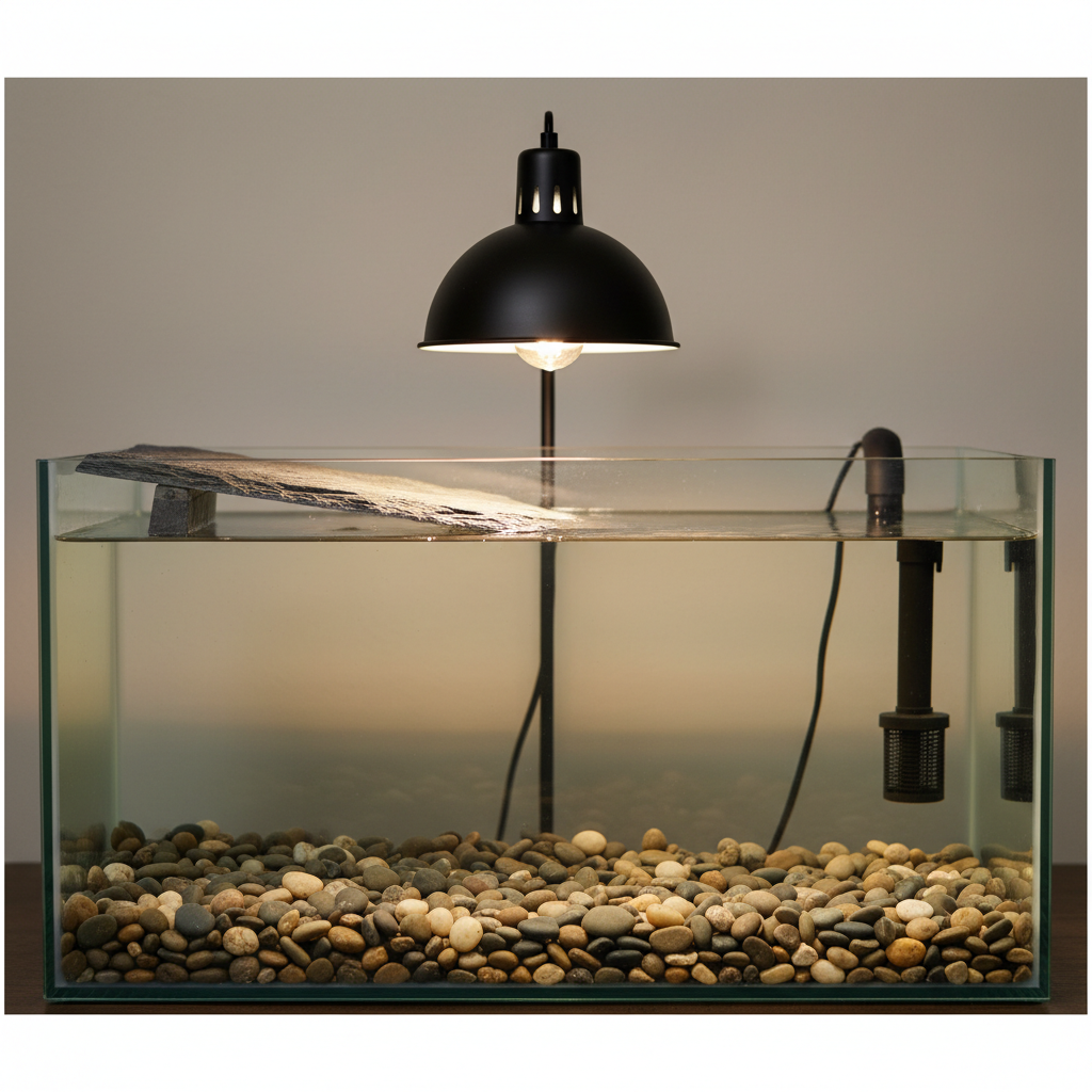 Aquatic turtle tank with natural river stone substrate and basking area