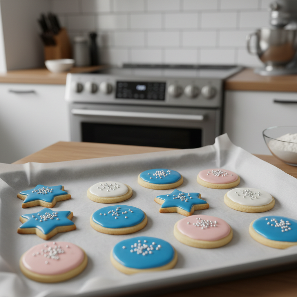 Iced cut-out sugar cookies with crisp edges on a baking tray