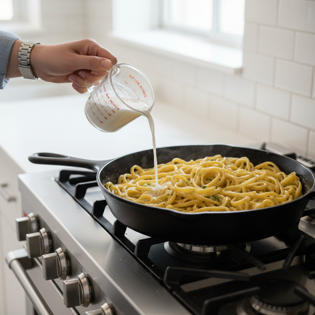 Measuring starchy pasta water to adjust creamy sauce consistency