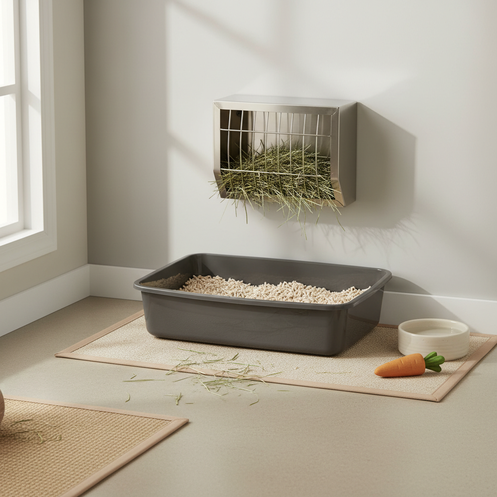 Rabbit hay feeder mounted on cage wall above a litter box to reduce mess