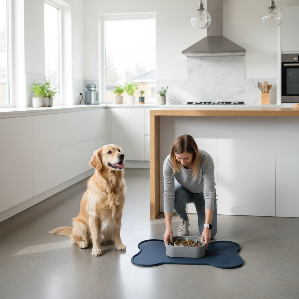 Owner setting up a slow feeder bowl on a non-slip mat in a kitchen