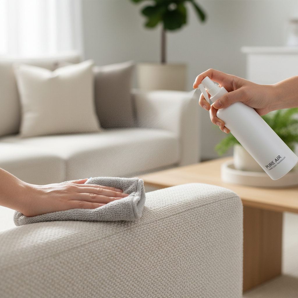 Applying odor neutralizer to sofa upholstery with microfiber cloth and gentle mist spray