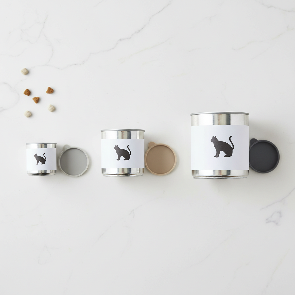 Common cat food can sizes and silicone cover fit guide on a kitchen counter
