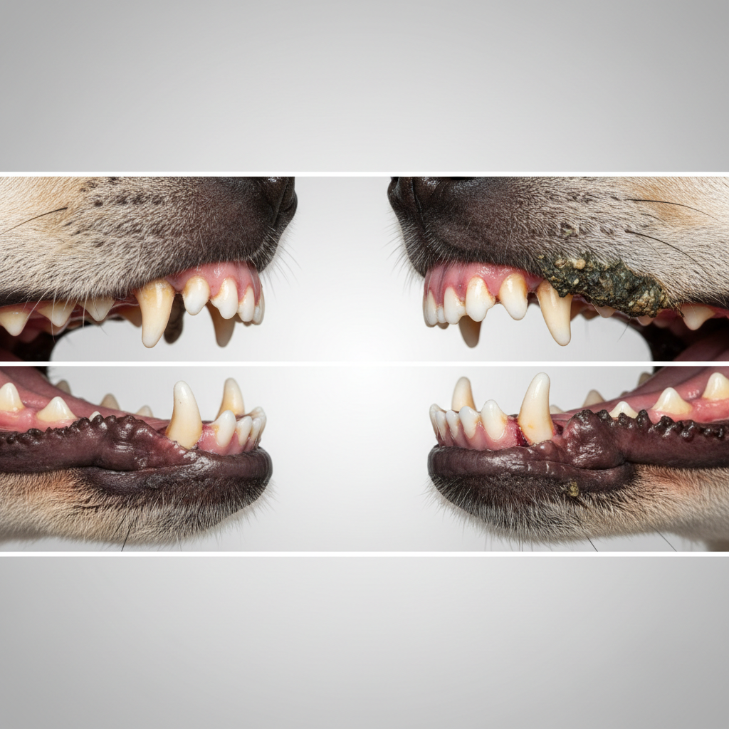 Close-up of pet teeth showing plaque vs tartar for dental wipe decision