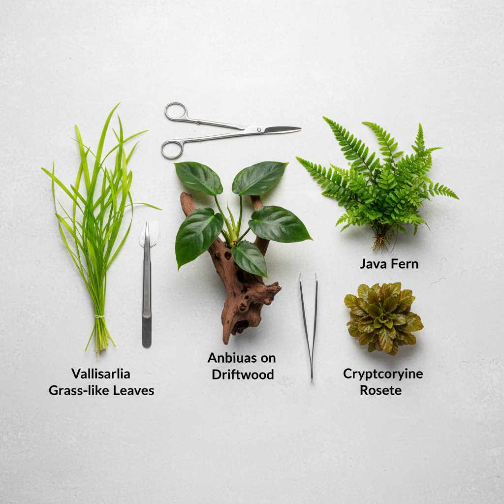 Low maintenance aquarium plant comparison: Anubias, Java fern, Cryptocoryne, Vallisneria