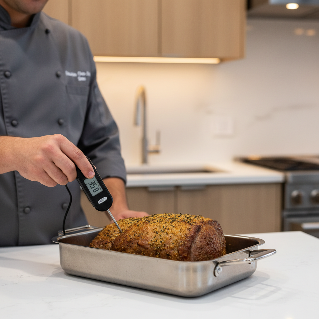 Cook checking roast temperature with a digital meat thermometer