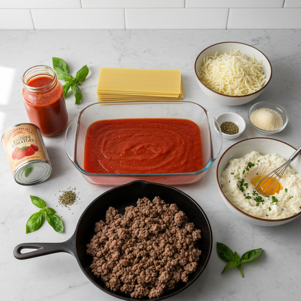 Ingredients for easy lasagna recipe with no-boil noodles on kitchen counter