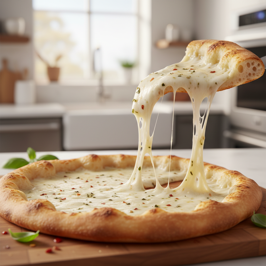 Crispy white pizza slice showing browned crust and creamy garlic sauce