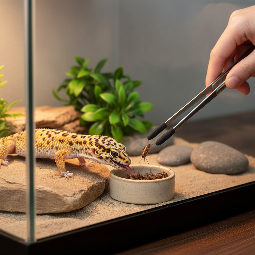 Feeding live crickets to a pet lizard using a feeder cup to prevent escapes