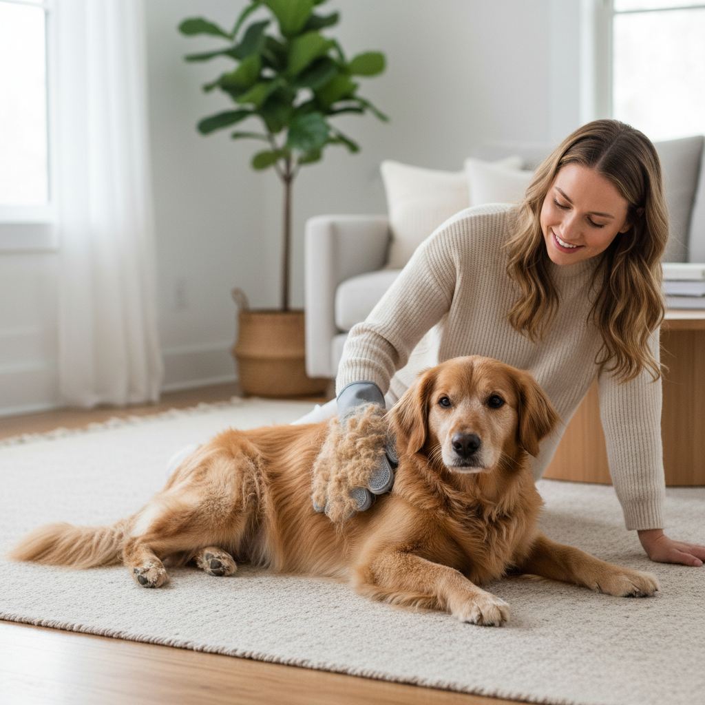 Using a pet hair remover glove on a shedding dog at home