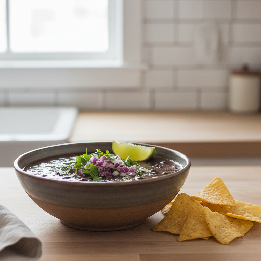 Bowl of hearty black bean soup with toppings like cilantro and lime