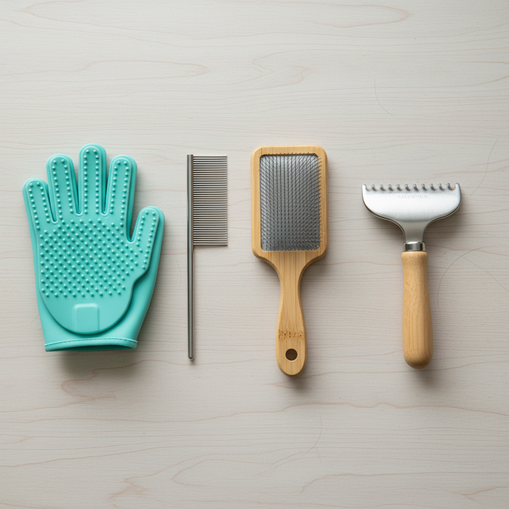 Comparison of cat grooming tools: glove, comb, slicker brush on a table