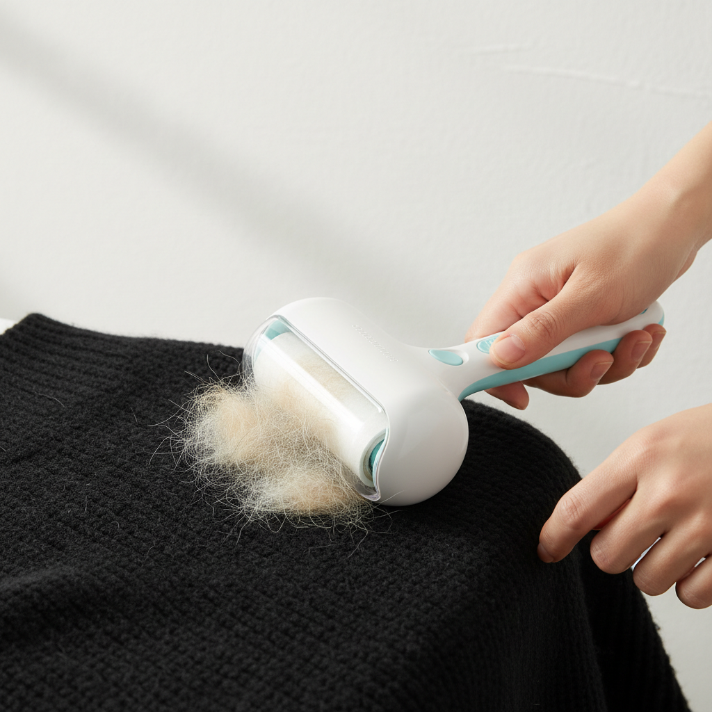 Portable pet hair roller for clothes used on a black sweater