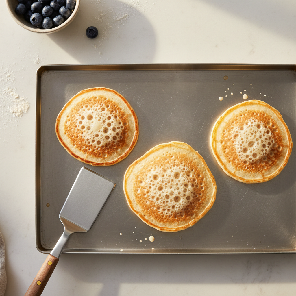 Cooking pancakes on a griddle with bubbles forming before flipping