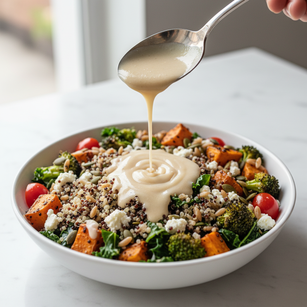 Healthy grain bowl with sauce being drizzled for meal prep flavor