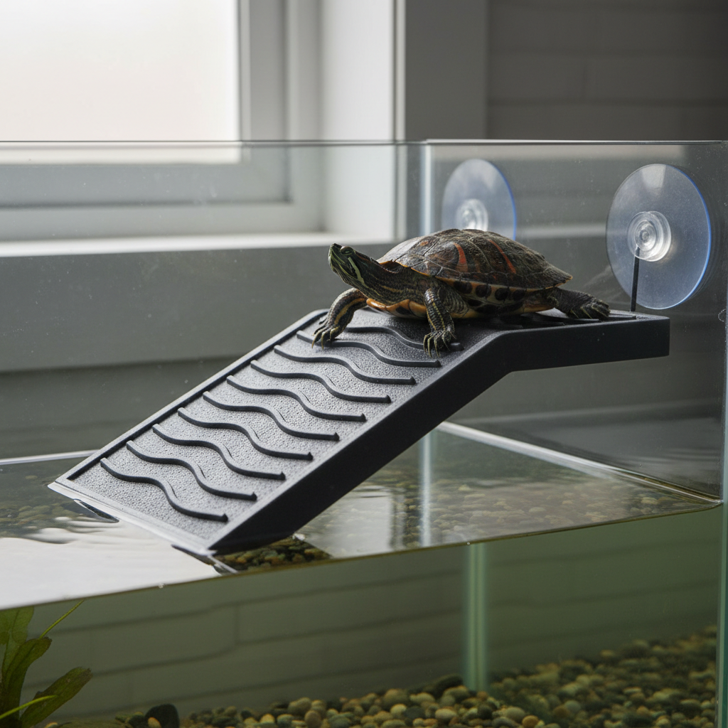 Close-up of turtle climbing a textured ramp on a floating basking dock with waterline visible
