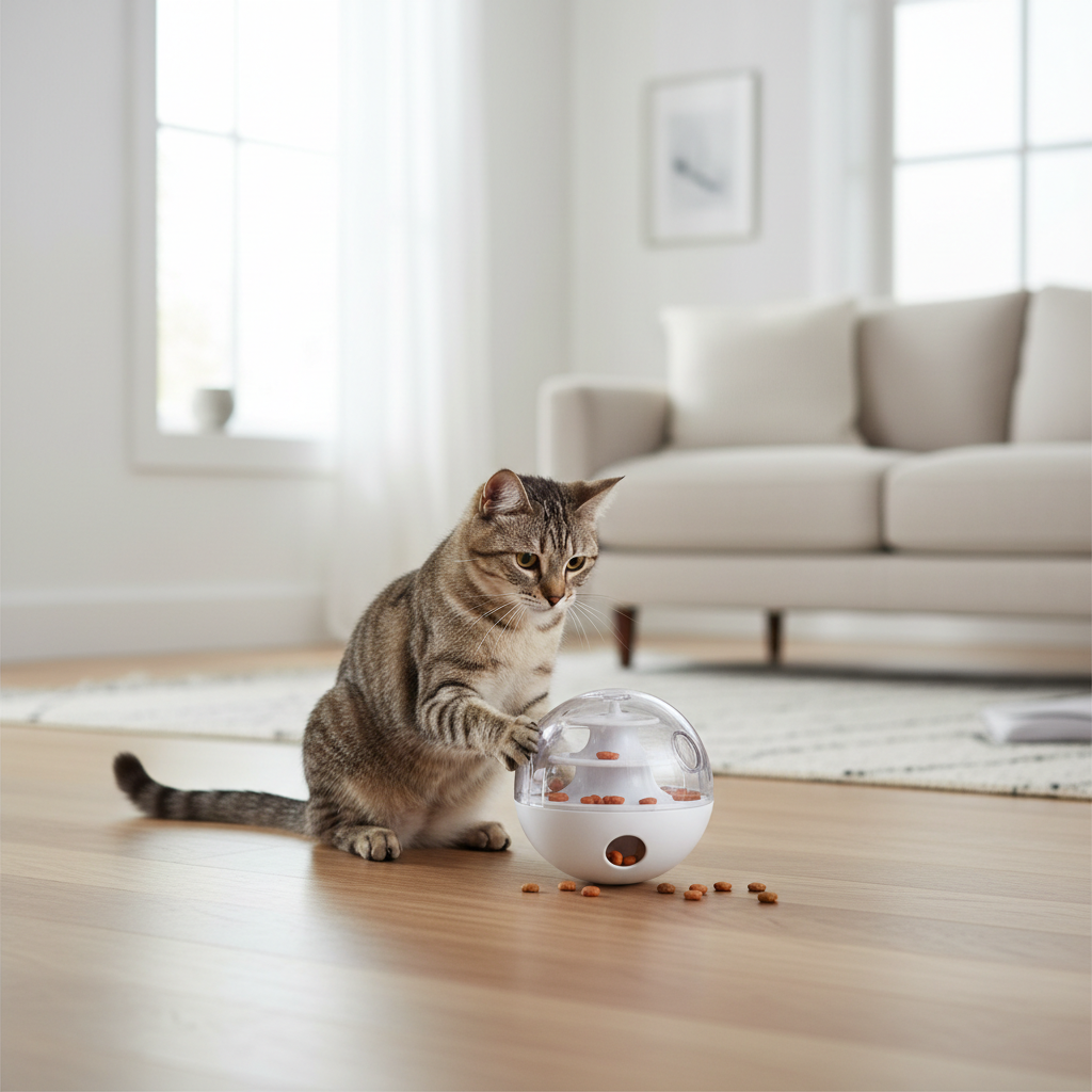 Indoor cat using an interactive cat treat dispenser toy on hardwood floor