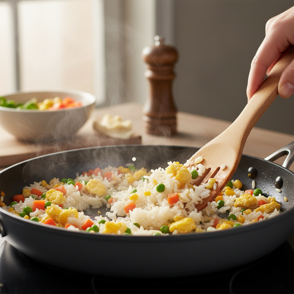 Fried rice cooking in a skillet with visible separated rice grains and vegetables