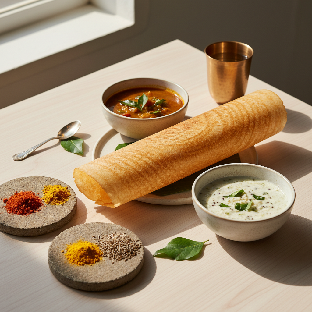 South Indian meal spread with dosa, sambar, and chutneys