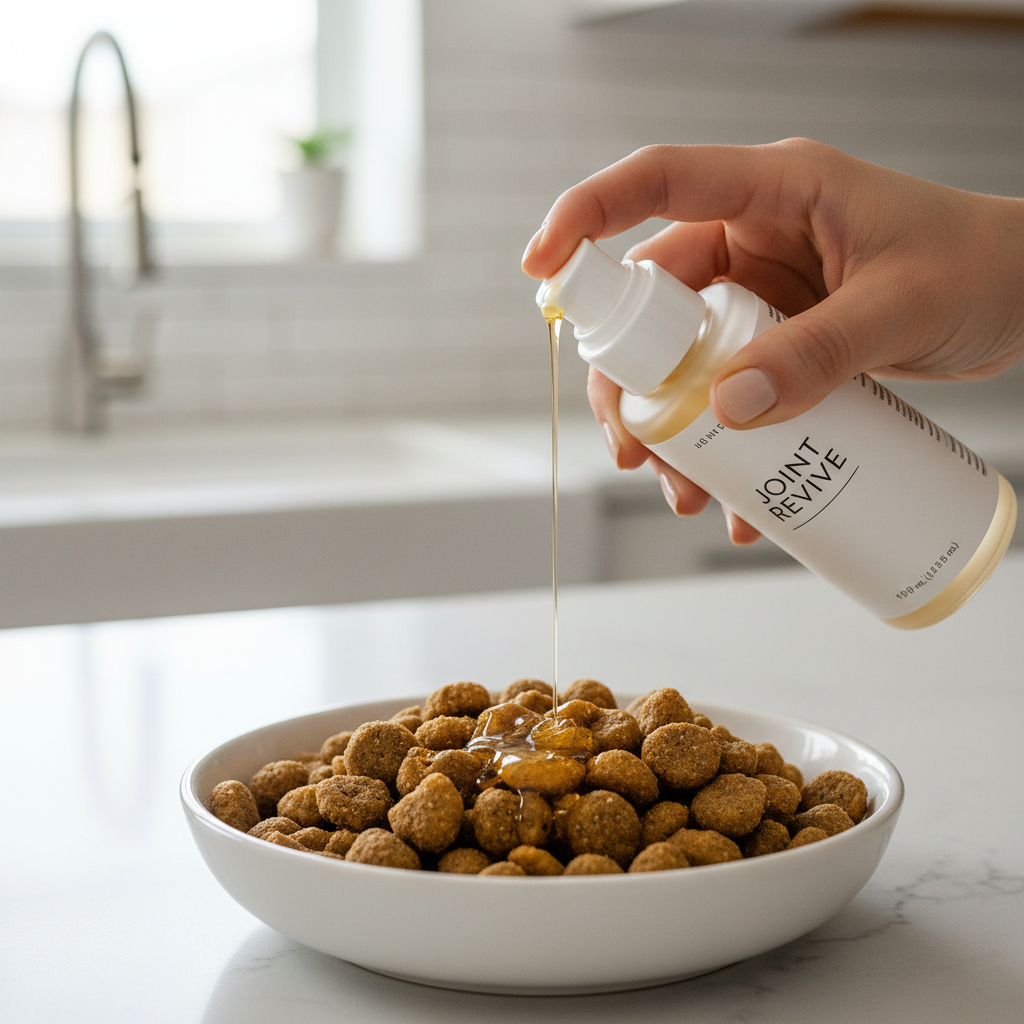 Liquid joint oil supplement being pumped onto senior dog kibble