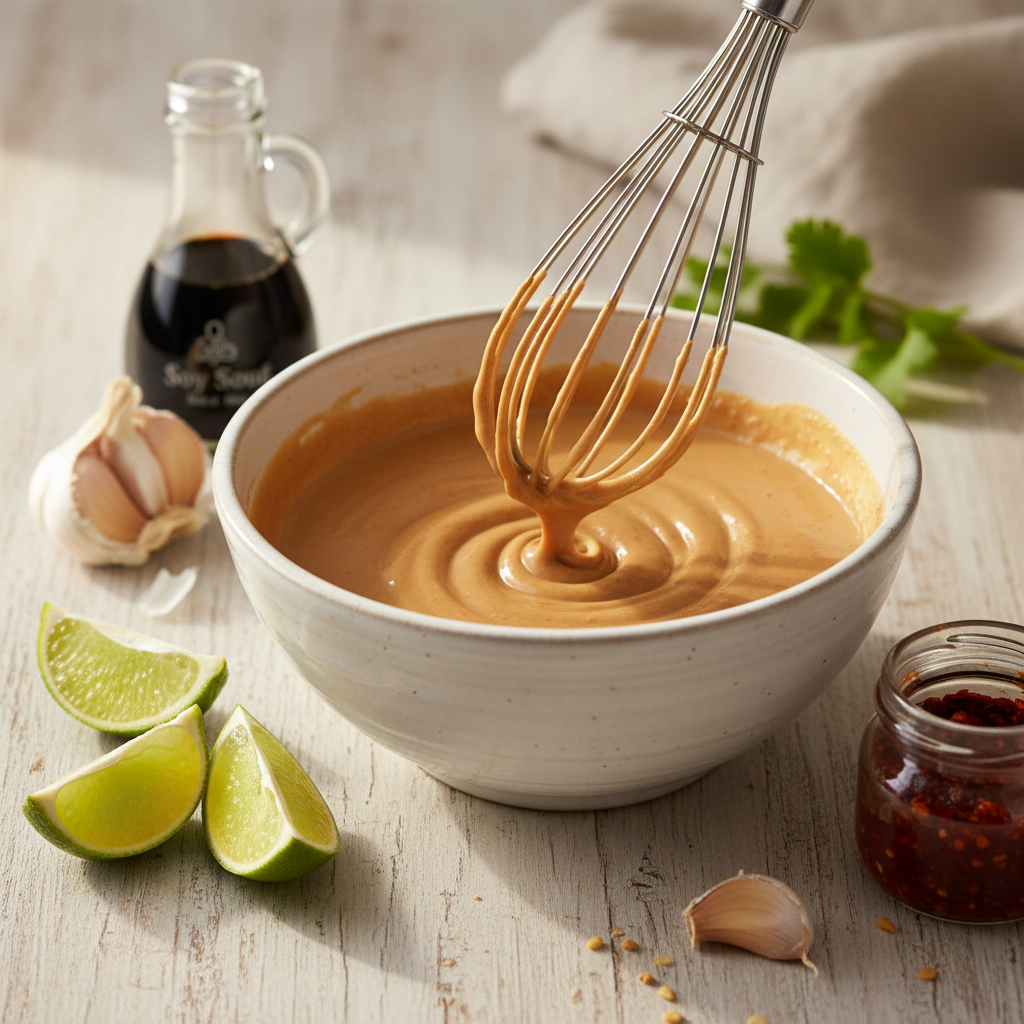 Bowl of peanut sauce being whisked for noodles and salads